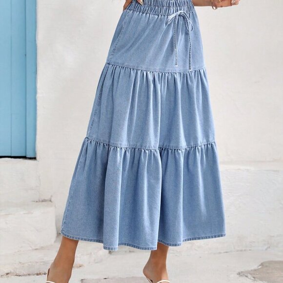 Light Blue Boho Women's Loose Elastic Waist Denim Skirt - Picture 6 of 6